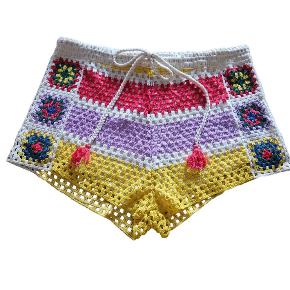 Farm Rio NWT Multi Color Crotchet Shorts Stripe Granny Square Colorblock XL - Picture 9 of 14